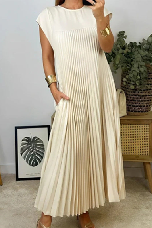 Elegant Solid Fold O Neck A Line Dresses(2 Colors)