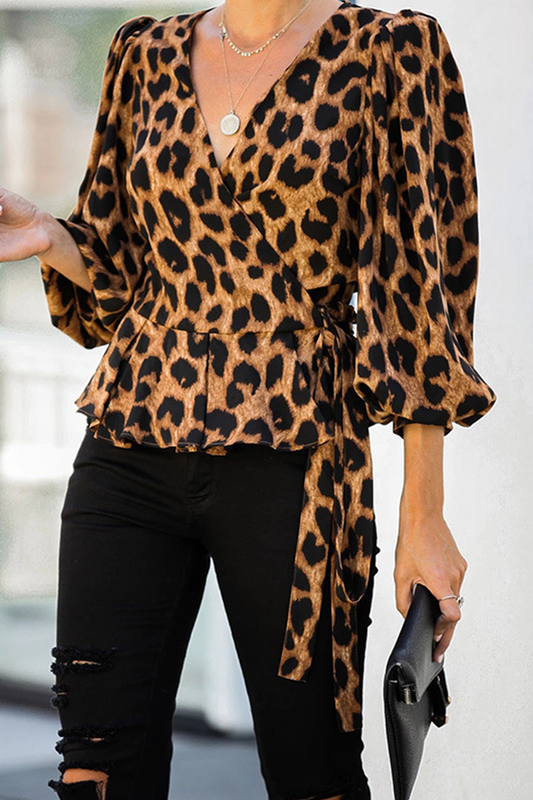 Fashion Elegant Leopard Flounce Strap Design V Neck Tops(2 Colors)