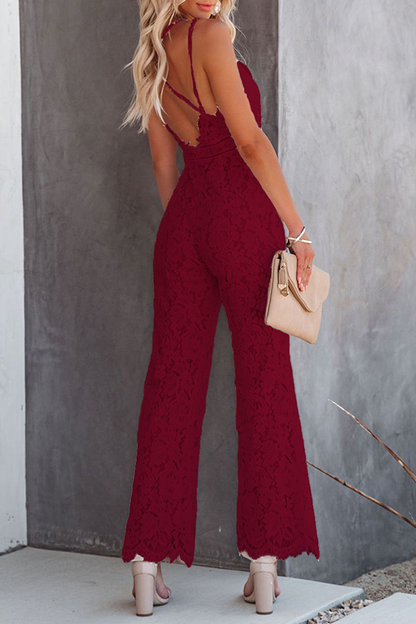 Fashion Street Solid Patchwork Backless V Neck Straight Jumpsuits