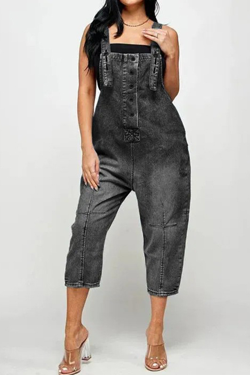 Street Solid Patchwork Buckle Square Collar Straight Jumpsuits(4 Colors)
