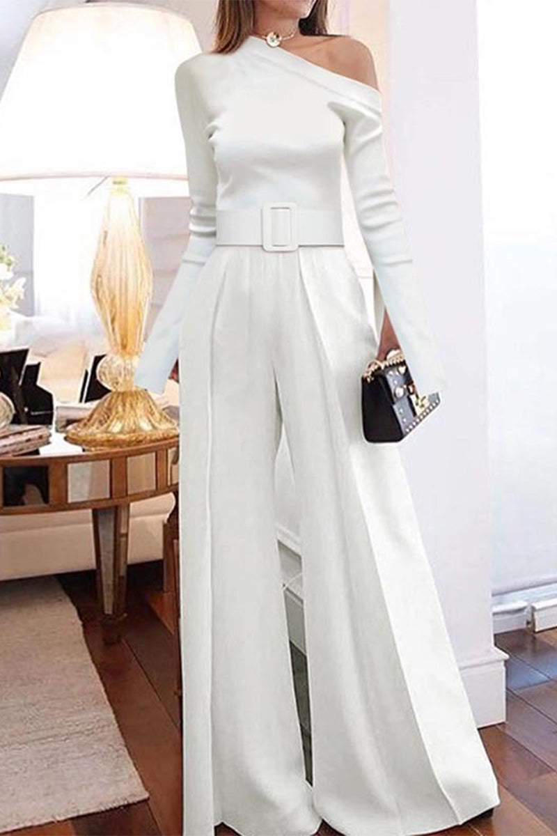 Sexy Street Solid With Belt Oblique Collar Regular Jumpsuits