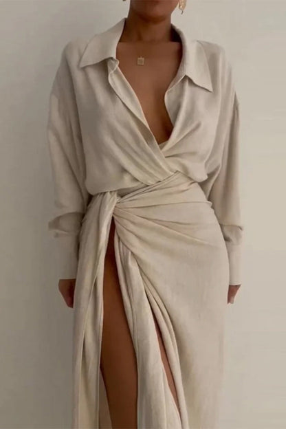 Sexy Solid High Opening Fold Turndown Collar Long Sleeve Two Pieces