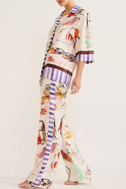 Casual Print Turndown Collar Two Pieces