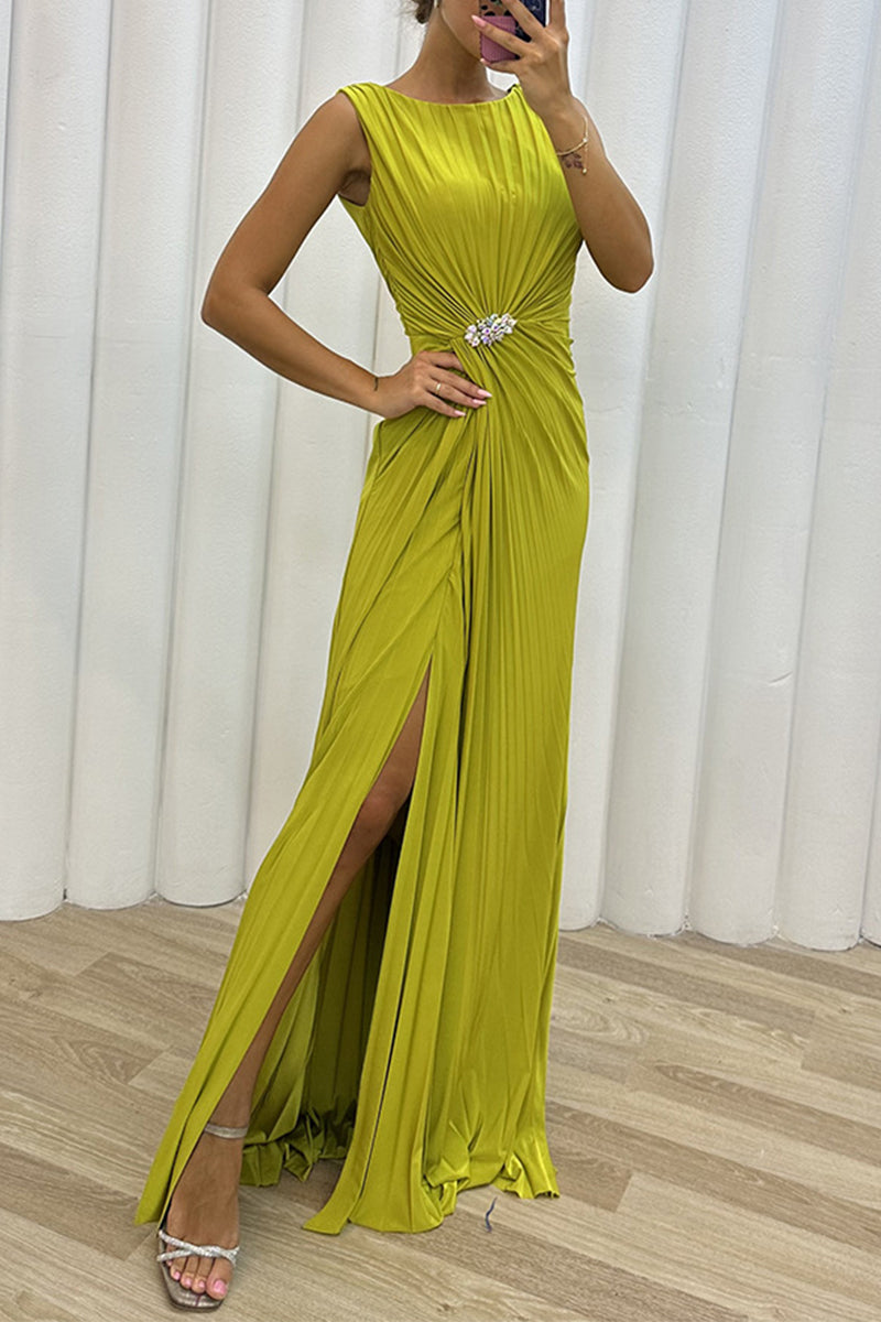 Elegant Formal Solid Slit Fold O Neck Evening Dress Dresses(3 Colors)