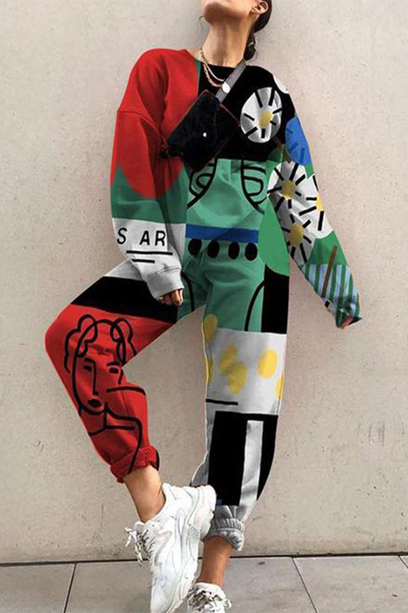 Casual Sportswear Print Contrast O Neck Long Sleeve Two Pieces