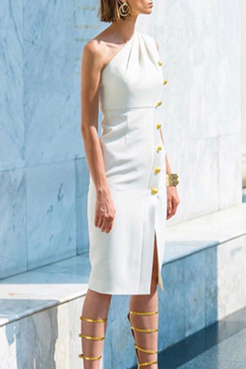 Elegant Solid Buttons Oblique Collar One Step Skirt Dresses