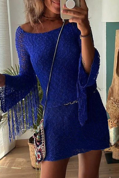 Sexy Solid Tassel Hollowed Out O Neck Wrapped Skirt Dresses