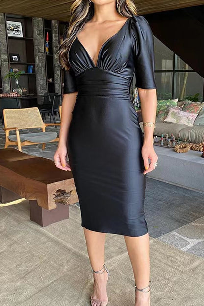 Sexy Solid Fold V Neck Wrapped Skirt Dresses