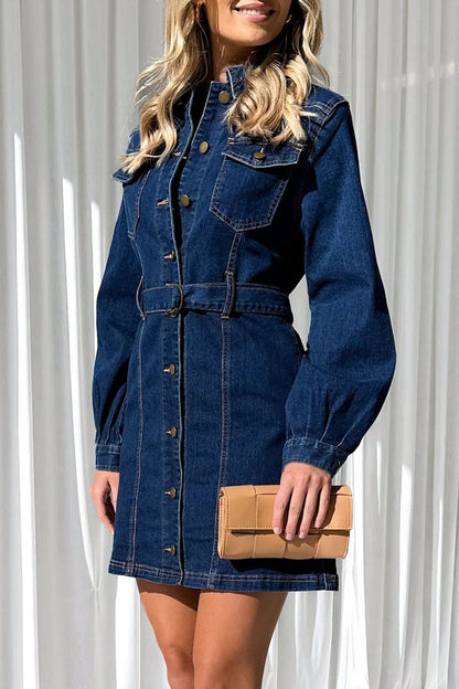 Casual Solid Pocket Buckle With Belt Turndown Collar Long Sleeve Straight Denim Dresses