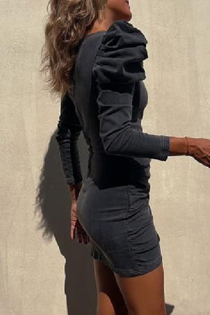 Sexy Simplicity Solid Fold Asymmetrical V Neck Long Sleeve Regular Denim Dresses
