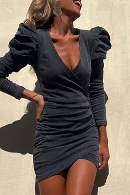Sexy Simplicity Solid Fold Asymmetrical V Neck Long Sleeve Regular Denim Dresses