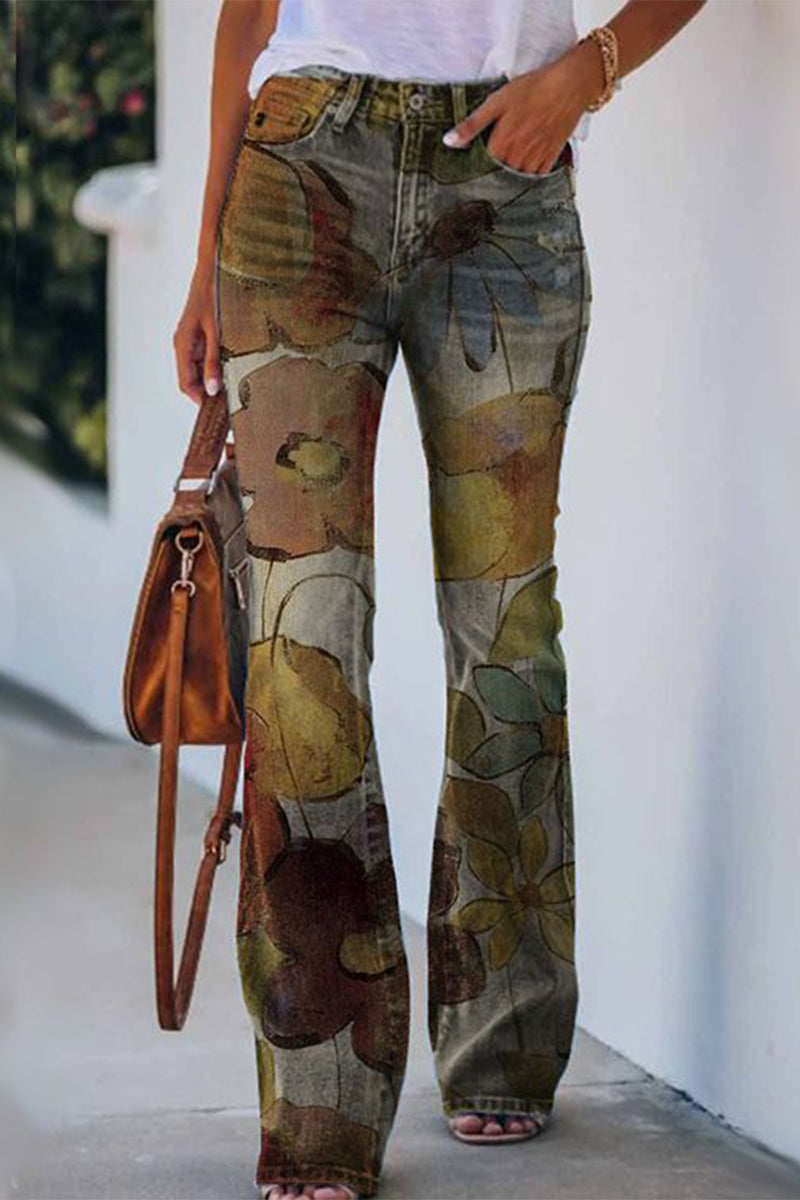 Casual Floral Pocket Regular Denim Jeans