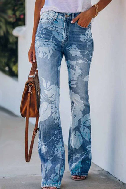 Casual Floral Pocket Regular Denim Jeans