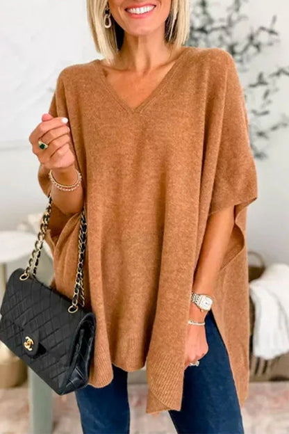Casual Simplicity Solid Slit V Neck Tops