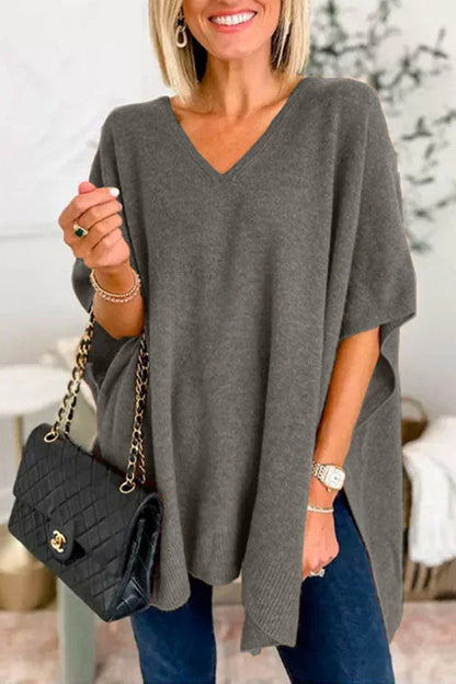 Casual Simplicity Solid Slit V Neck Tops