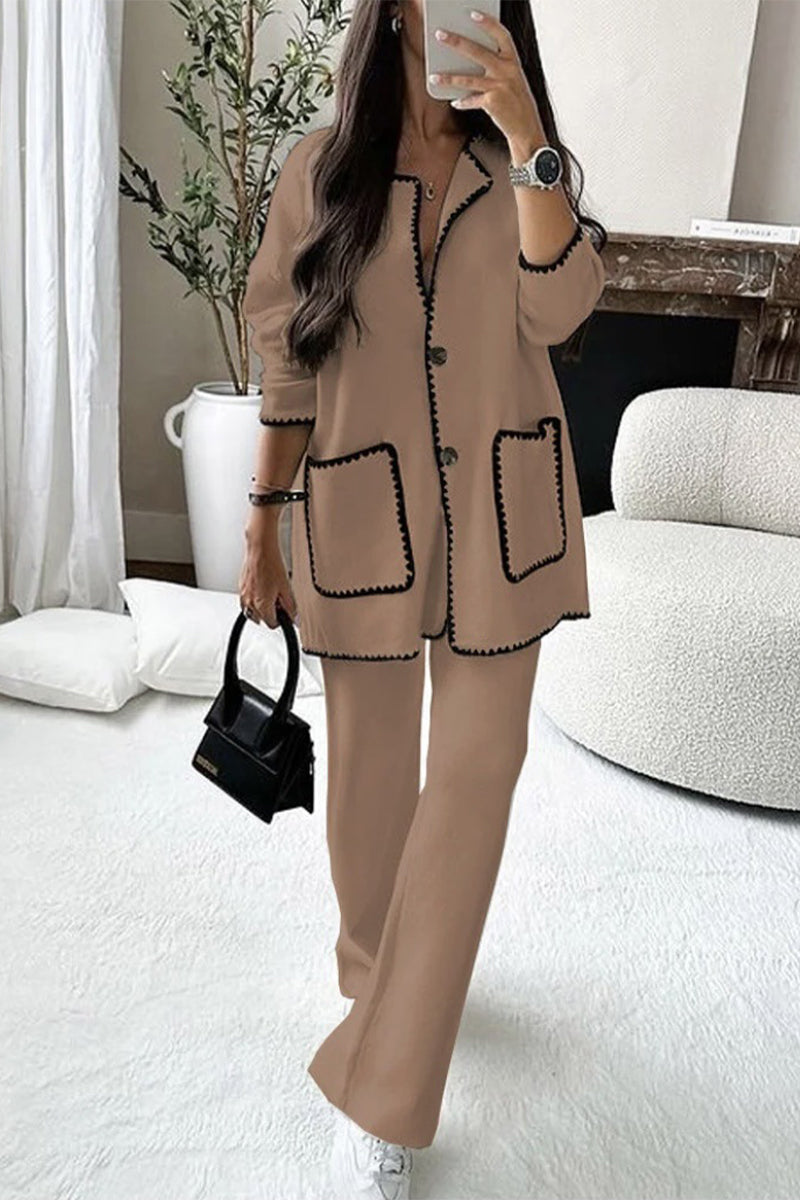 Casual Solid Pocket O Neck Long Sleeve Two Pieces