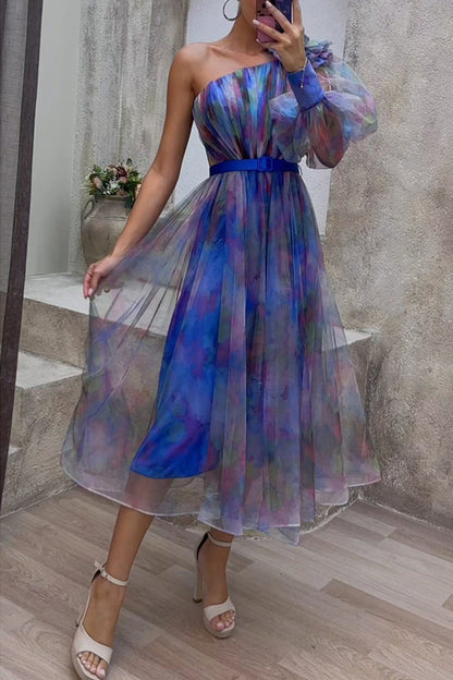Elegant Gradual Change Patchwork Oblique Collar Evening Dress Dresses