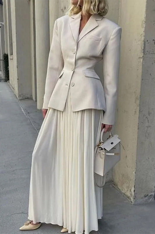 Celebrities Elegant Solid Pleated Turn-back Collar Long Sleeve Two Pieces