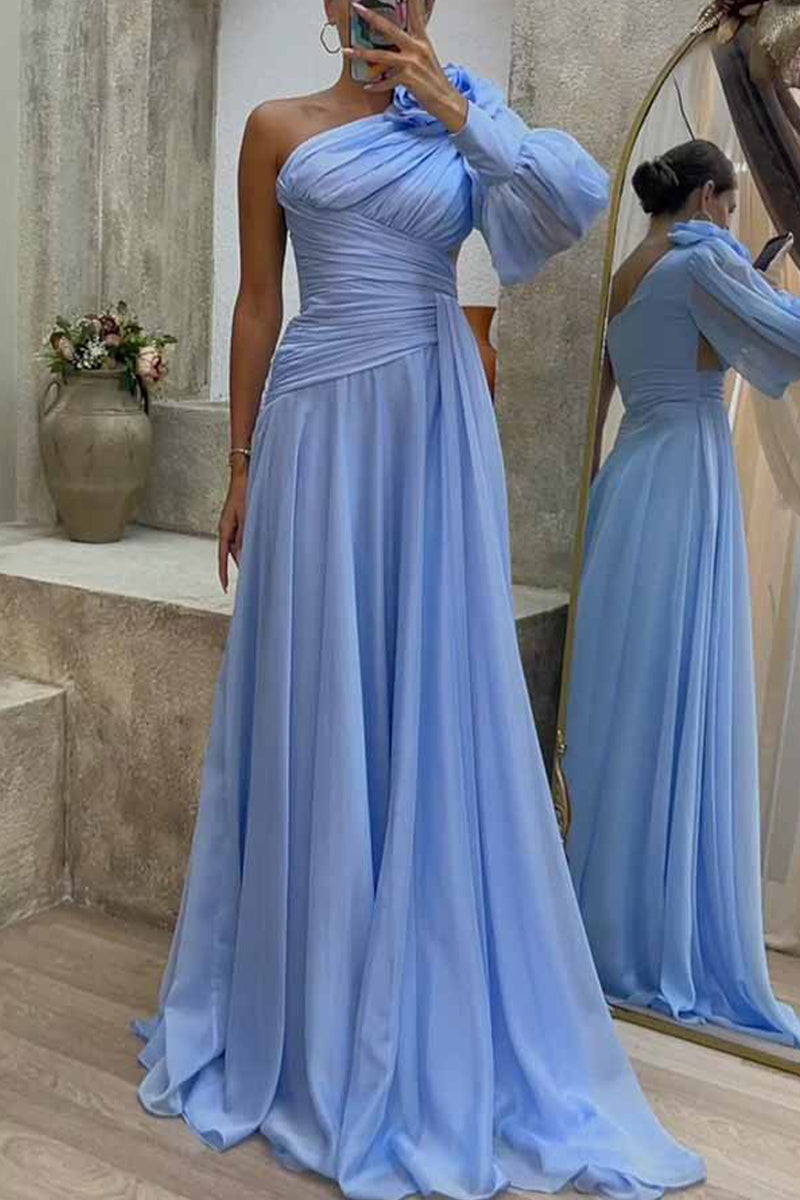 Elegant Solid Fold Oblique Collar Evening Dress Dresses(4 Colors)