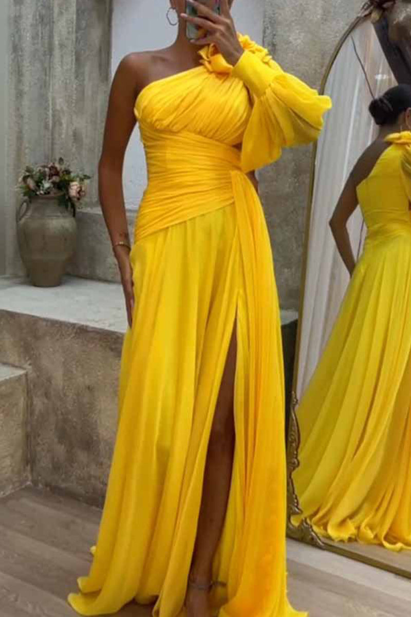 Elegant Solid Fold Oblique Collar Evening Dress Dresses(4 Colors)