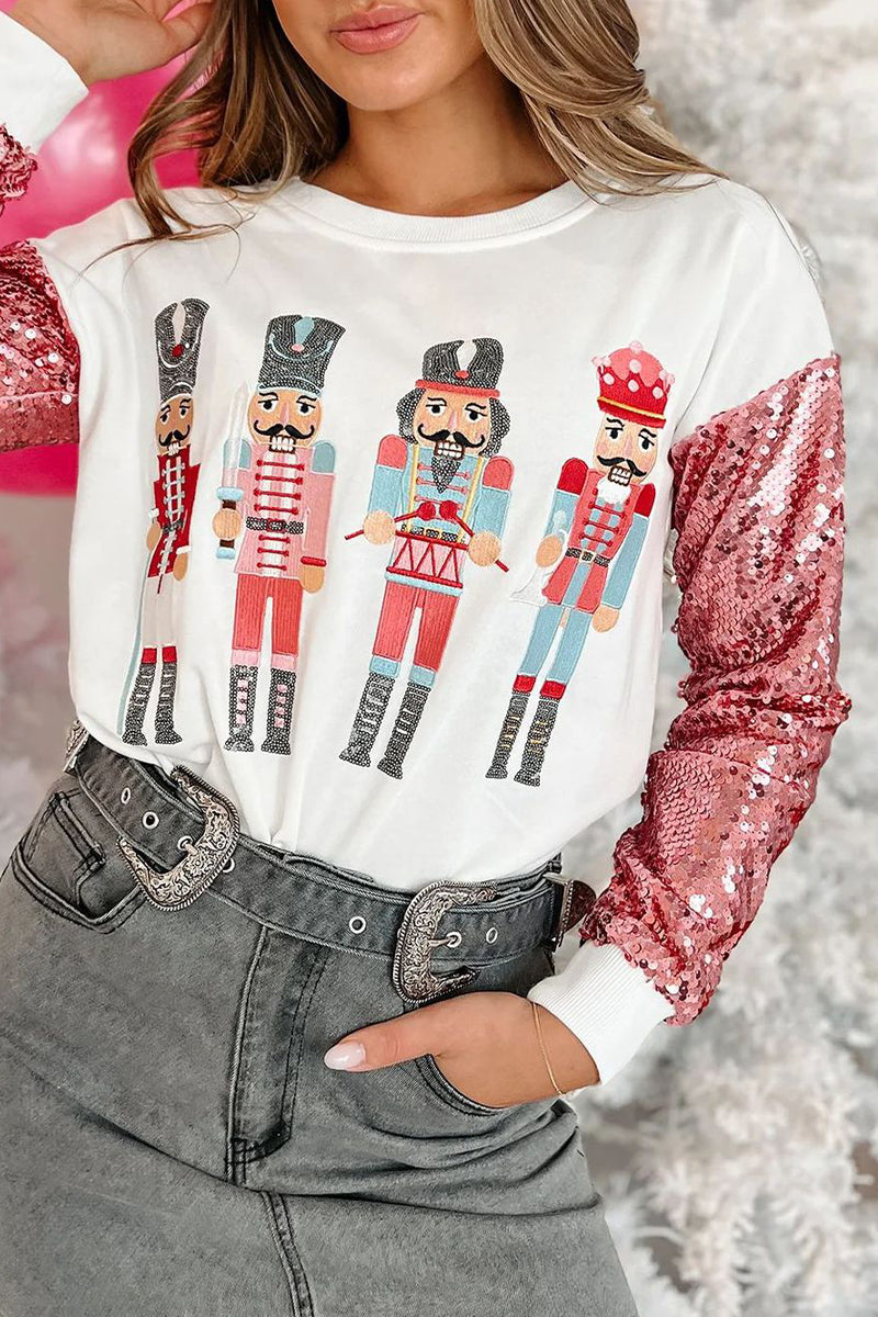 Casual Print Sequins Patchwork O Neck Tops