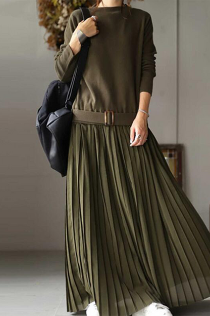 Casual Solid Patchwork Fold O Neck Long Sleeve Dresses