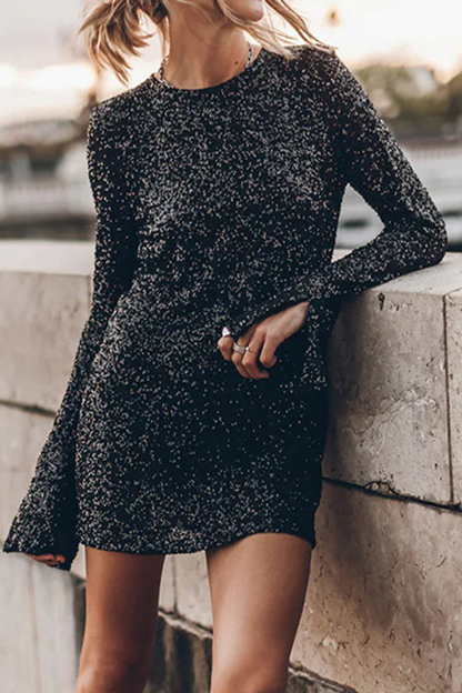 Casual Solid Sequins Buttons O Neck A Line Dresses