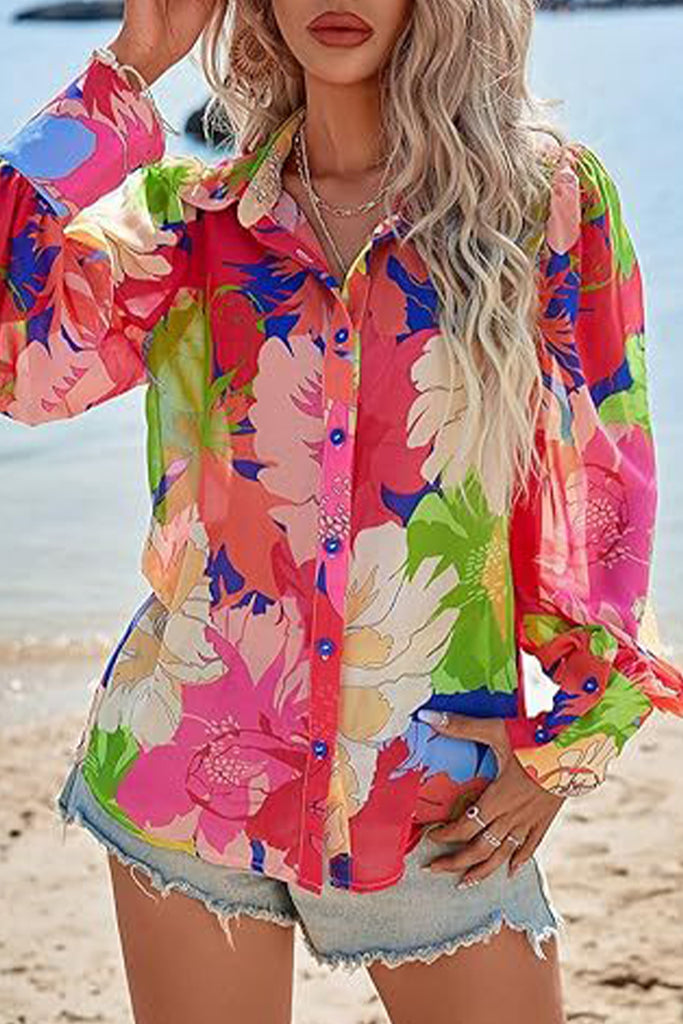 Casual Bohemian Not Positioning Printed Buttons Turndown Collar Tops