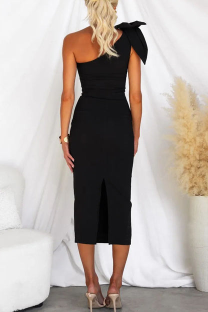 Sexy Solid Slit With Bow Oblique Collar Wrapped Skirt Dresses