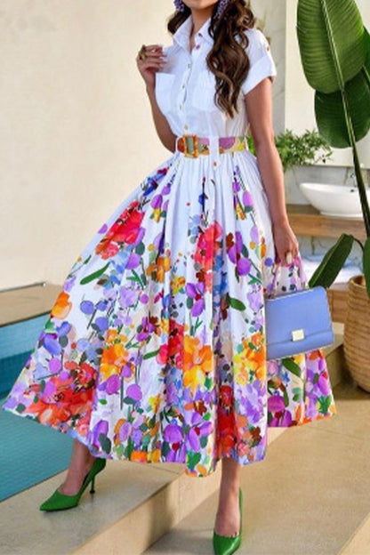 Celebrities Elegant Floral With Belt Turndown Collar Printed Dress Short Sleeve Dress