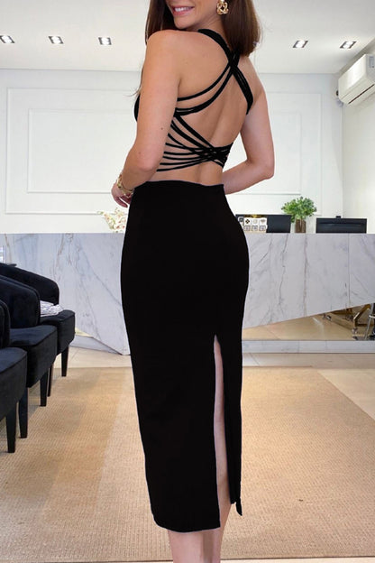 Sexy Solid Backless High Opening U Neck Wrapped Skirt Dresses