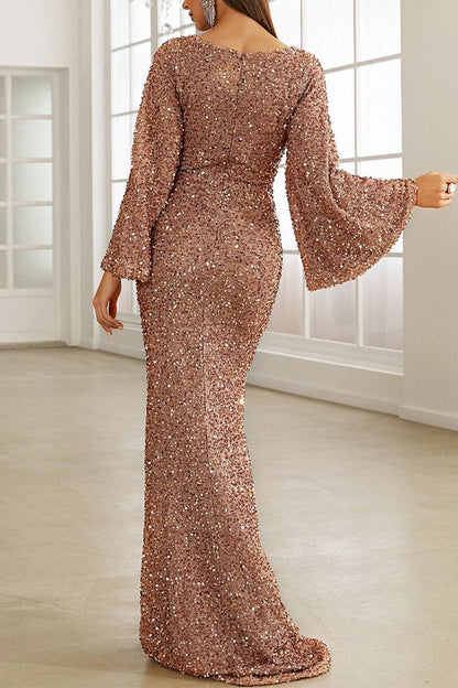 Elegant Formal Solid Sequins V Neck Evening Dress Dresses