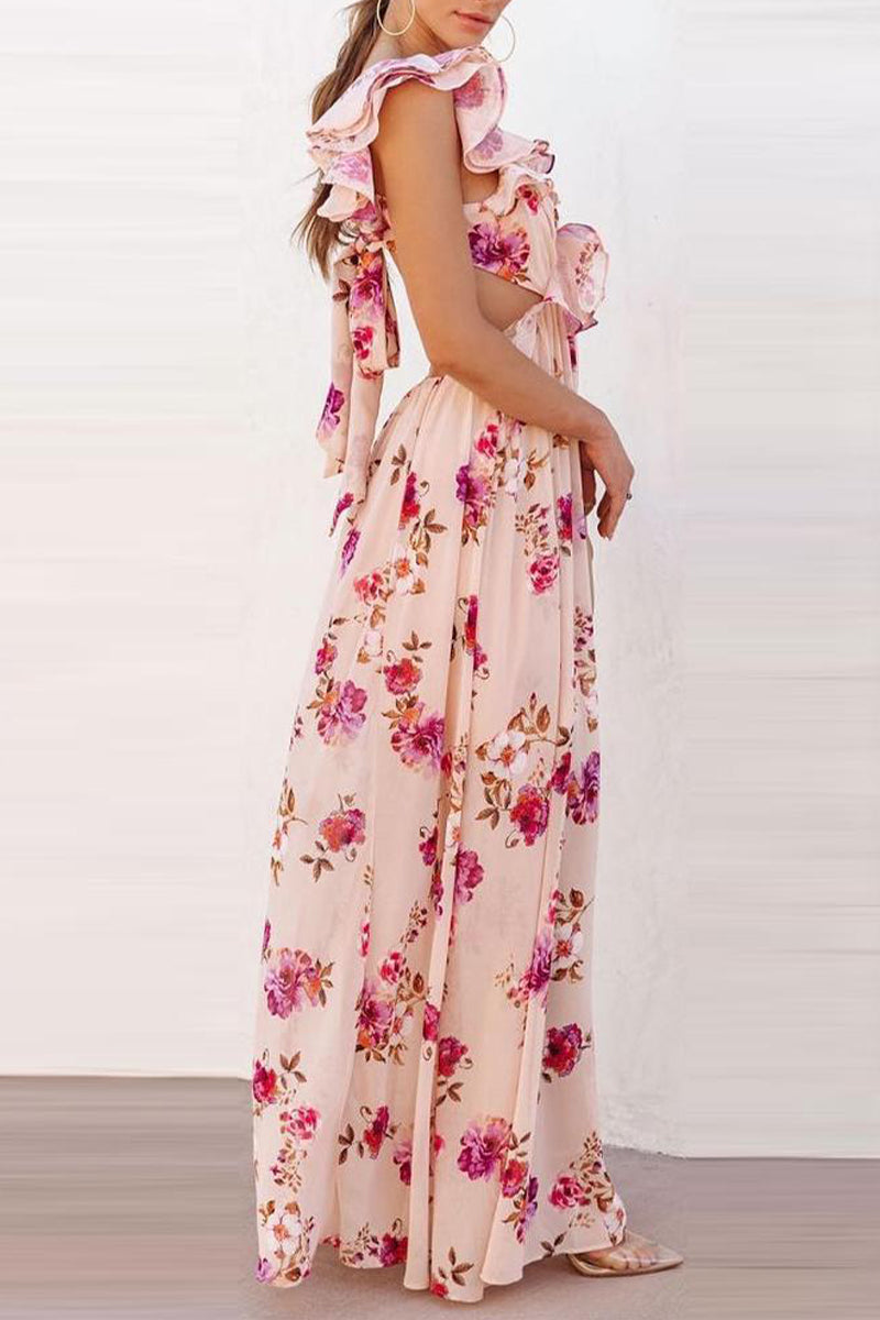 Sexy Floral Backless Flounce V Neck Printed Dress Dresses
