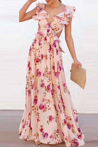 Sexy Floral Backless Flounce V Neck Printed Dress Dresses