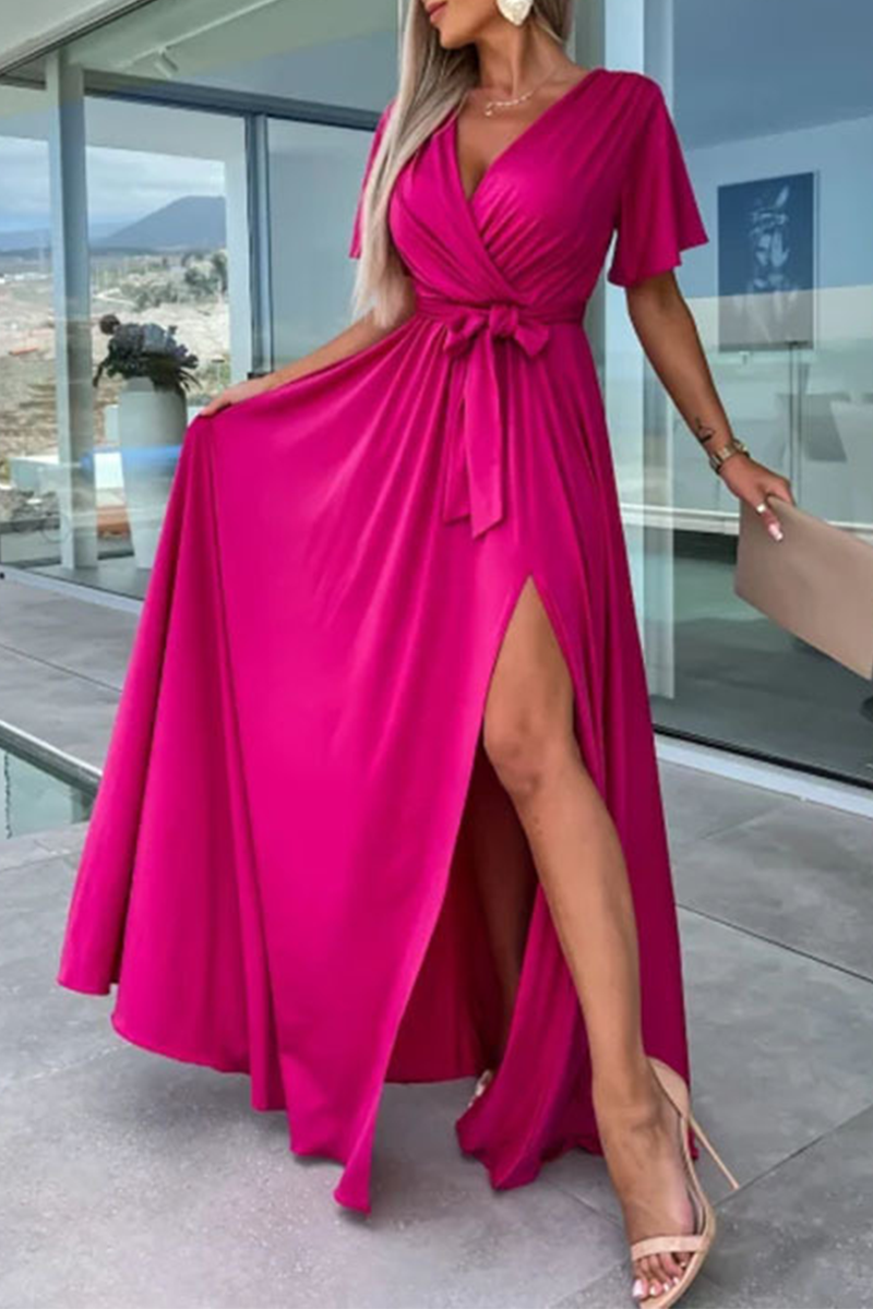 Elegant Solid Slit V Neck A Line Dresses