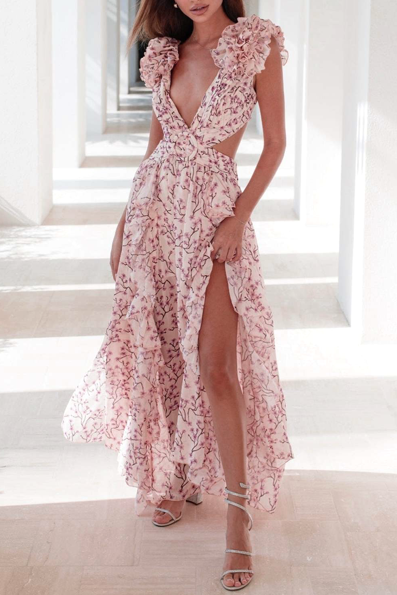 Sexy Floral Hollowed Out Flounce V Neck Sleeveless Dress Dresses