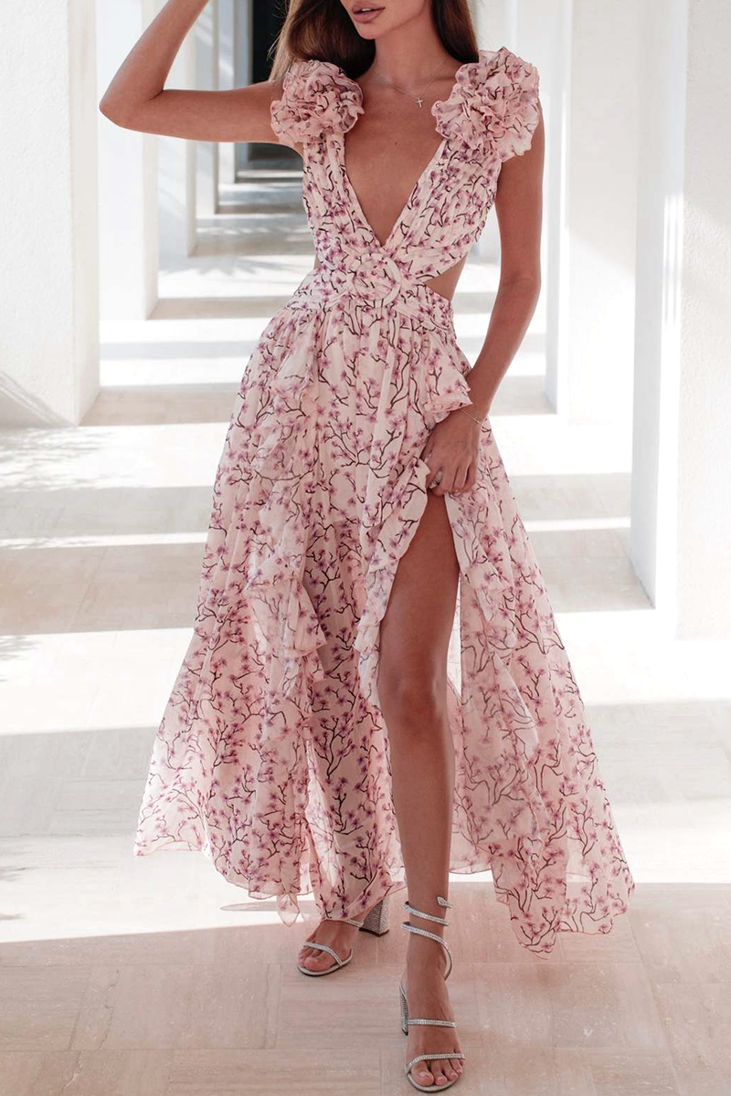 Sexy Floral Hollowed Out Flounce V Neck Sleeveless Dress Dresses