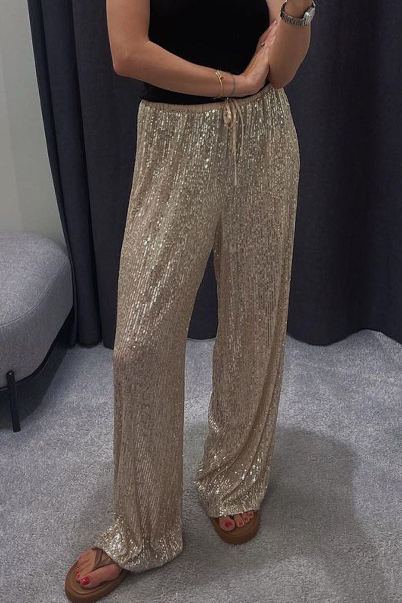 Casual Solid Sequins Loose Straight Solid Color Bottoms
