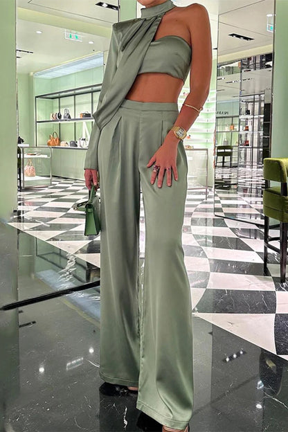 Elegant Solid Backless Asymmetrical Halter Long Sleeve Two Pieces