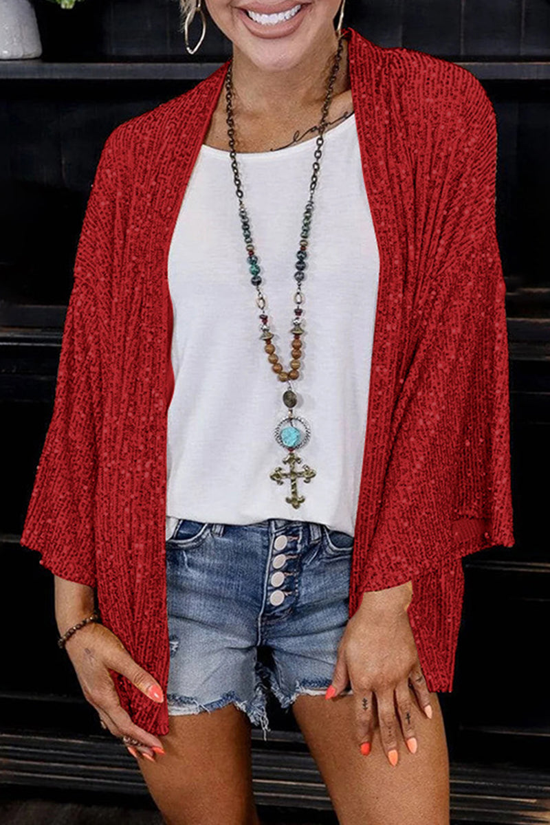 Casual Solid Sequins Patchwork Cardigan Collar Outerwear