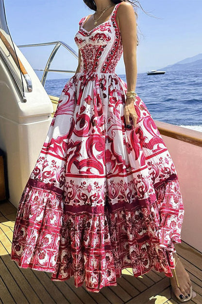 Elegant Vacation Print Patchwork Square Collar Printed Dress Dresses