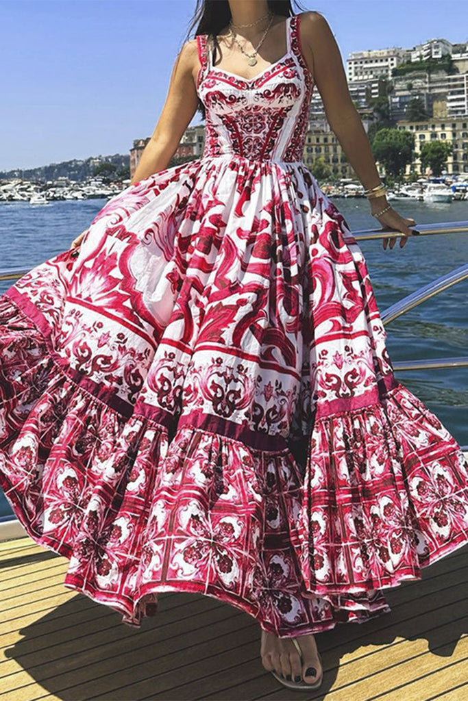 Elegant Vacation Print Patchwork Square Collar Printed Dress Dresses