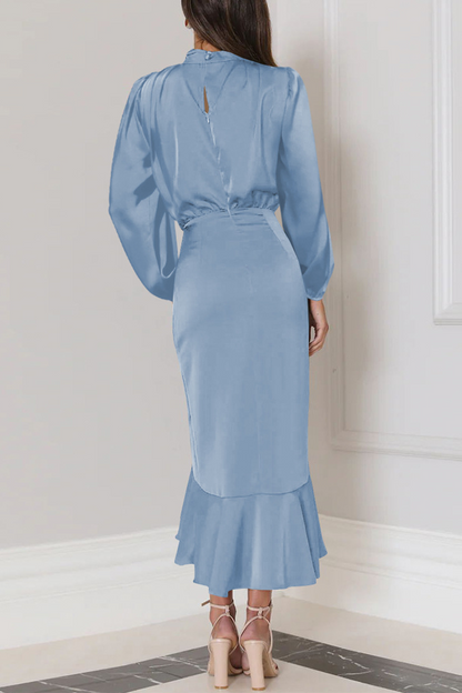 Elegant Solid Flounce Fold Turtleneck Evening Dress Dresses