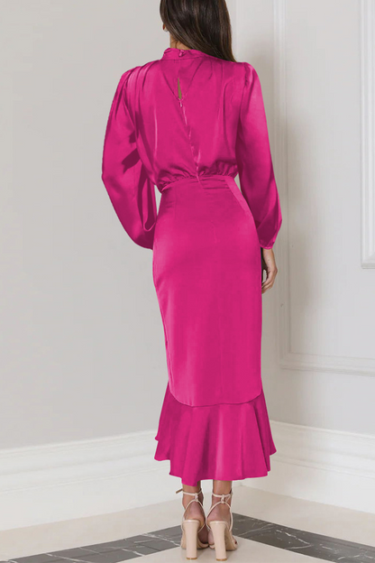 Elegant Solid Flounce Fold Turtleneck Evening Dress Dresses