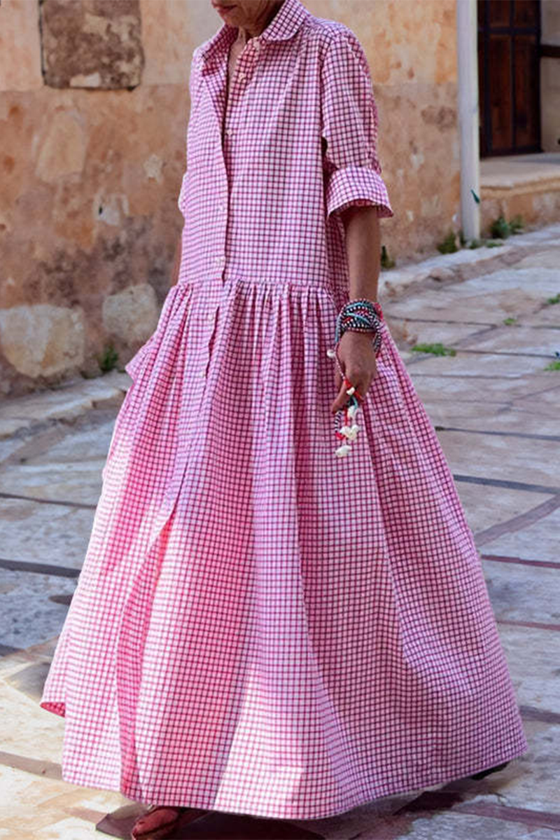 Casual Plaid Buttons Turndown Collar Long Sleeve Dresses
