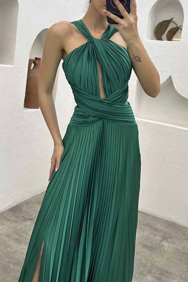 Elegant Solid Fold Halter Evening Dress Dresses