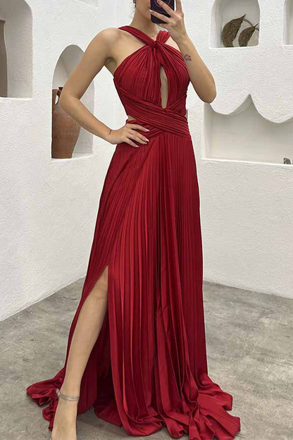 Elegant Solid Fold Halter Evening Dress Dresses