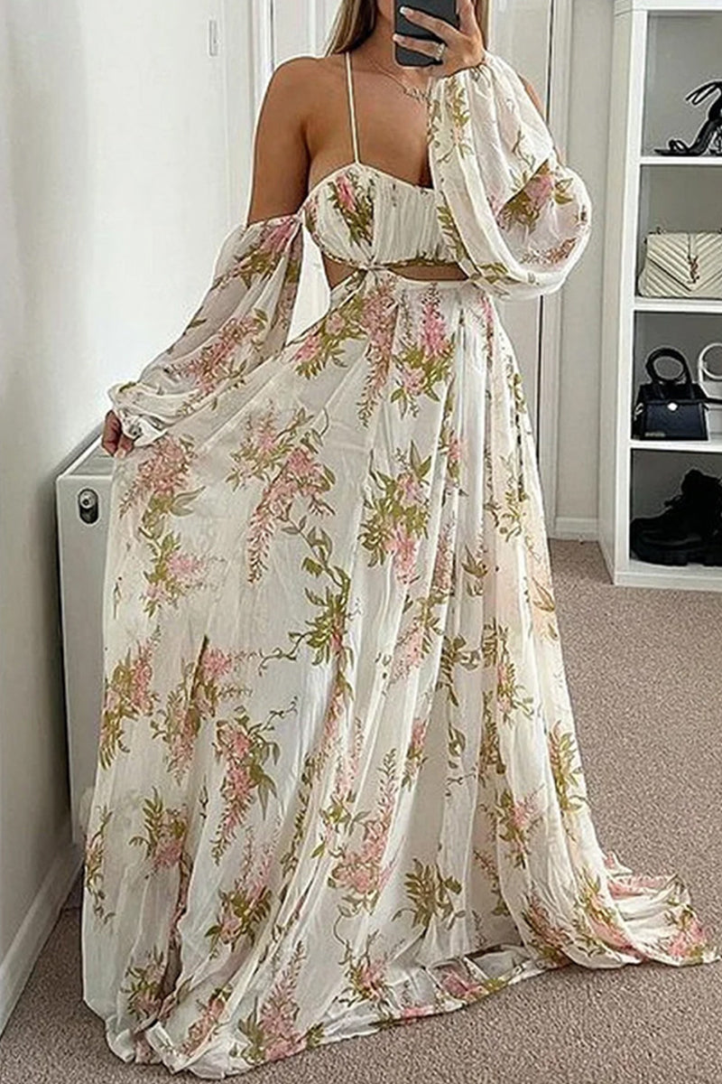 Elegant Floral Frenulum Backless V Neck Printed Dress Dresses