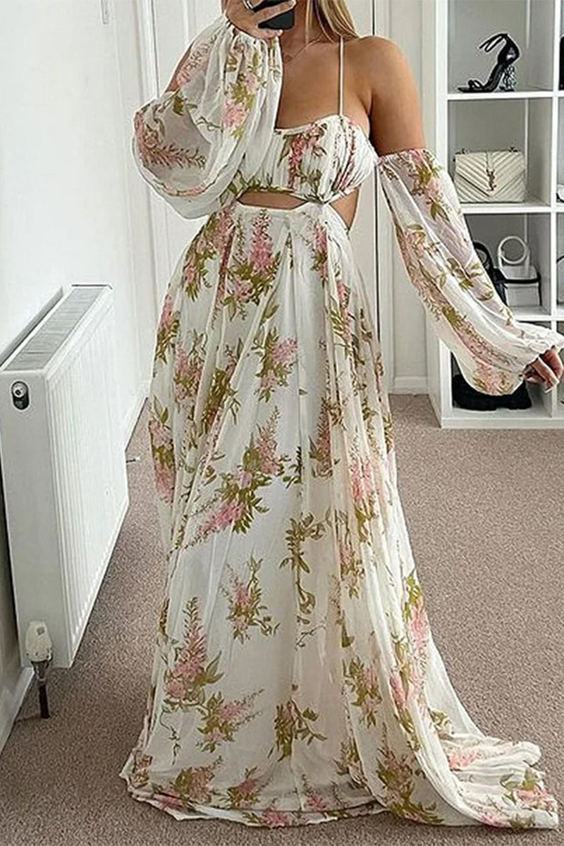 Elegant Floral Frenulum Backless V Neck Printed Dress Dresses