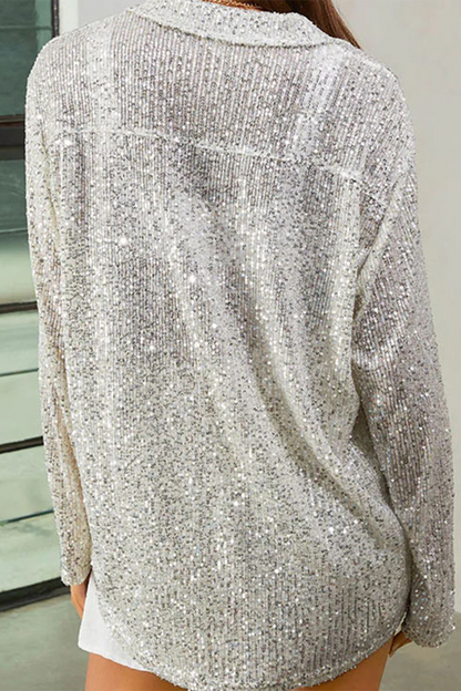 Casual Solid Sequins Sequined Turndown Collar Tops